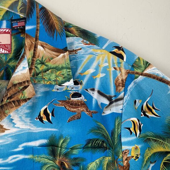 Vintage RJC Hawaiian Camp Shirt Men's Large Blue Palm Fish Turtle Made in Hawaii - Picture 7 of 7